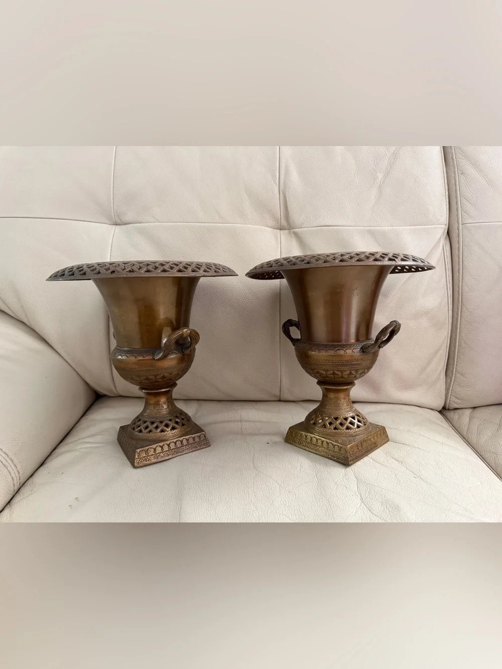 Vintage Brass Reticulated Trophy Urns Mantel Vases Pierced Pedestal Pair 9’’